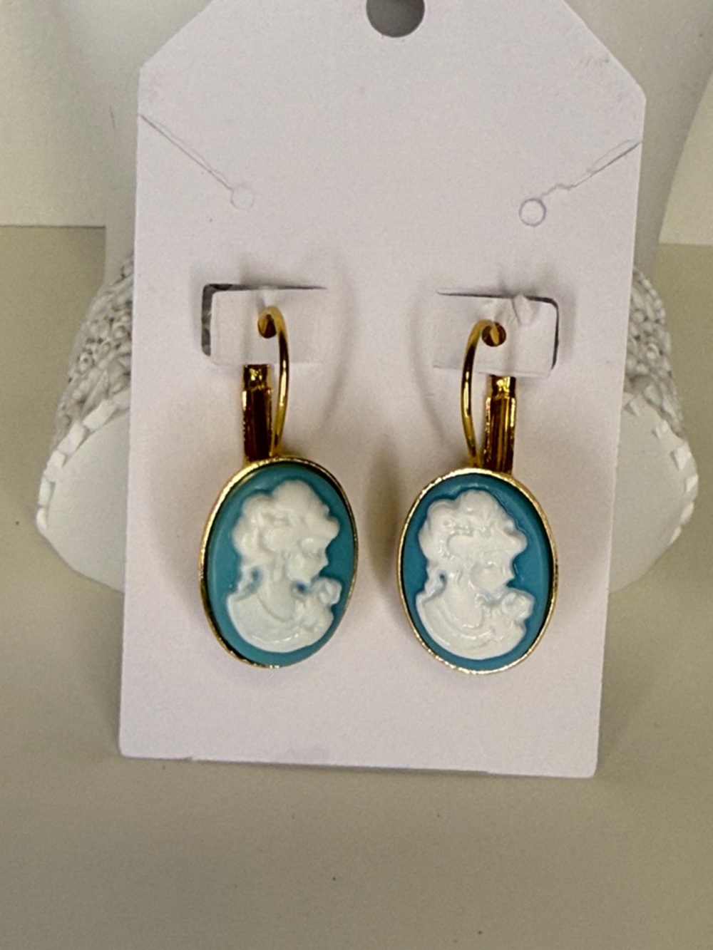 Gold-Tone Blue Cameo Leverback Earrings - Women's Jewelry